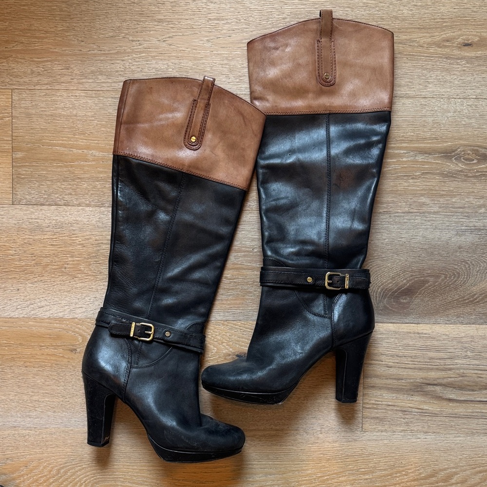 Gianni Bini Black and Brown Over-the-Knee High Heel Riding Boots